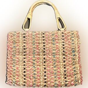 Vintage Heiress Woven Straw Tote Bag Purse Multicolor Accents Handbag